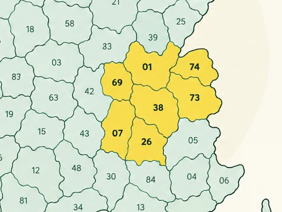 Carte de France des départements d'intervention de bénéthik : Ain (01), Ardèche (07), Drôme (26), Isère (38), Rhône (69), Savoie (73) et Haute-Savoie (74).