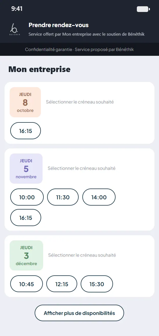 Page de prise de rendez-vous d'un salarié sur smartphone : dates de permanence et créneaux horaires disponibles à sélectionner.